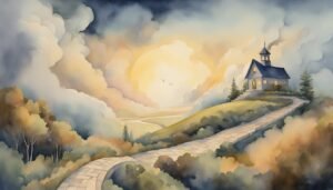 Watercolor painting of chapel at sunset with winding path.