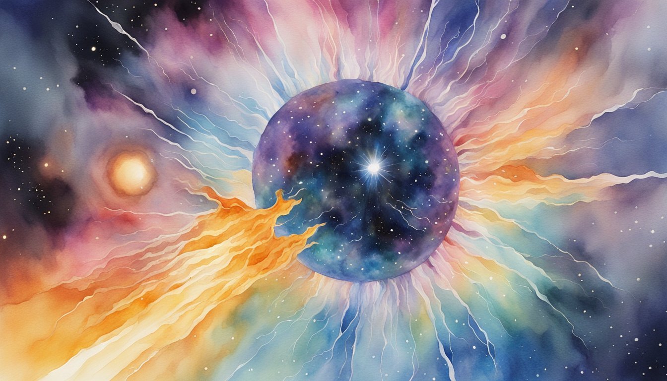 Colorful cosmic watercolor painting with vibrant celestial bodies.