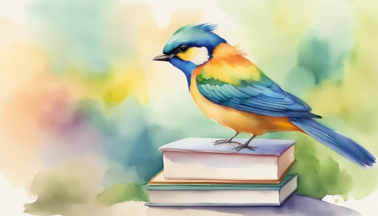 Colorful bird perched on stack of books, watercolor illustration.