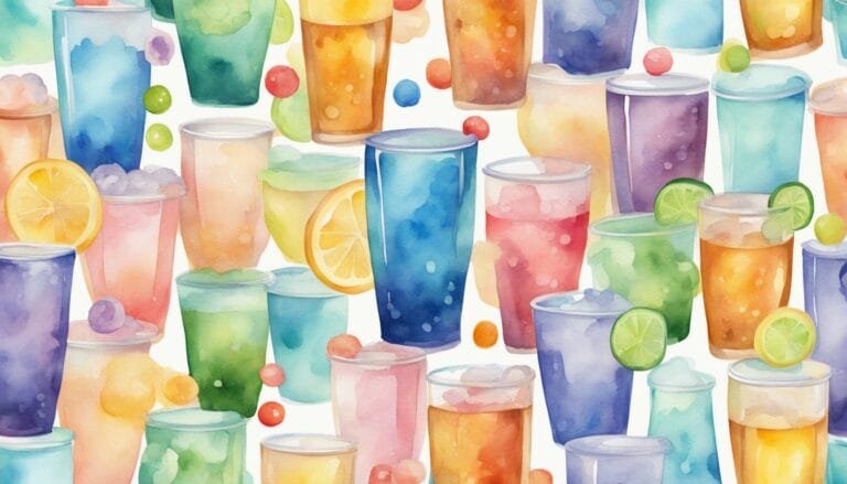 Colorful assorted watercolor beverage cups with fruit garnishes.