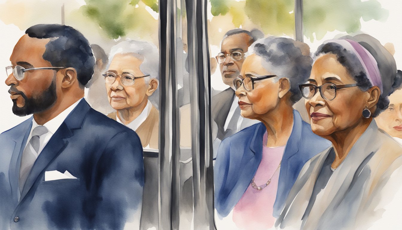 Watercolor painting of diverse elderly people in formal attire.