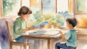 Children reading books together in sunny room.