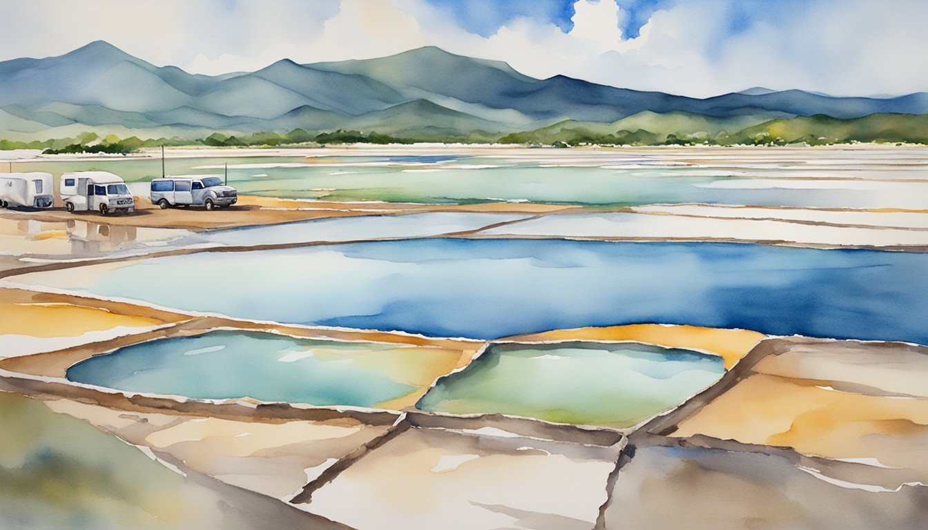 Watercolor painting of salt pans and mountains.