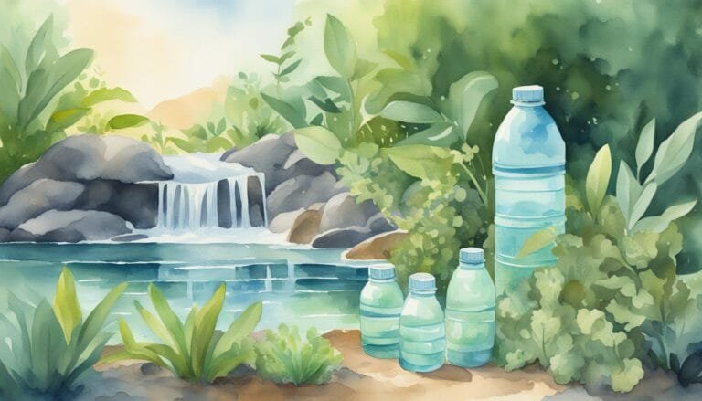 Watercolor painting of water bottles near a forest waterfall.