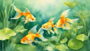 Three goldfish swimming in underwater greenery.