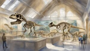 Dinosaur skeletons in a bright, spacious museum exhibit hall.