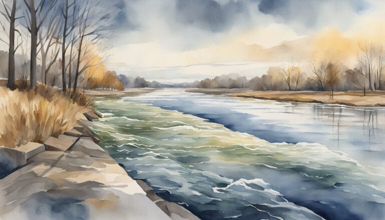 Watercolor painting of a serene river landscape in winter.
