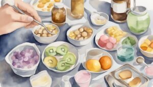 Watercolor painting of a colorful breakfast spread.