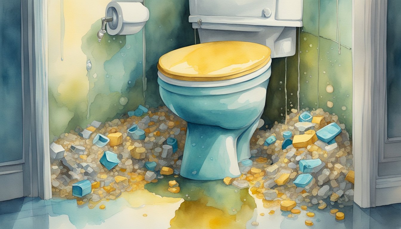 Watercolor of overflowing toilet with surrounding debris.