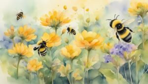 Watercolor painting of bees pollinating colorful flowers.