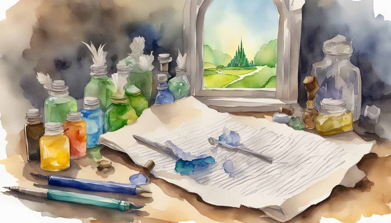 Watercolor art supplies and castle view from window.