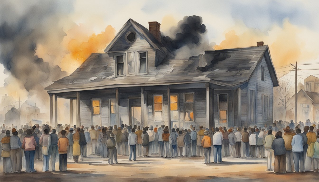 Crowd watching house fire, watercolor illustration.