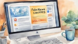 Computer screen displaying fake news article, watercolor style.