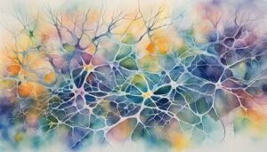 Colorful abstract watercolor resembling interconnected cells or neurons.