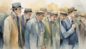 Watercolor painting of diverse men in vintage hats and suits.