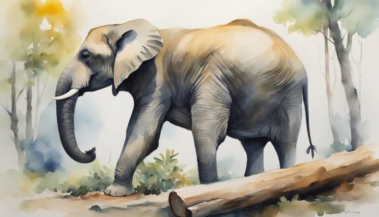 Watercolor painting of an elephant in a misty forest.