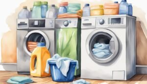 Watercolor illustration of a laundry room with washers and supplies.