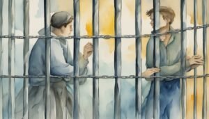 Watercolor of two people separated by prison bars.