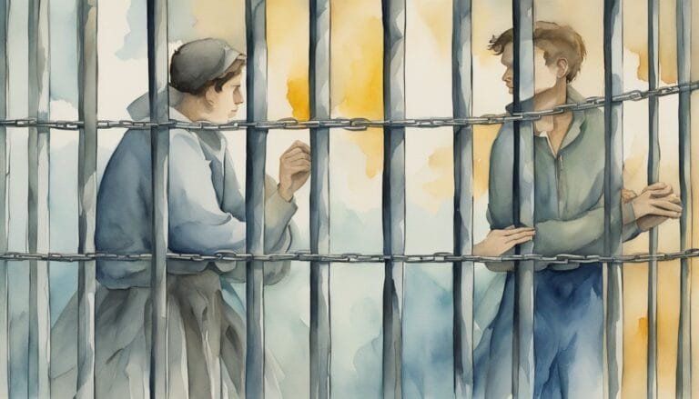 Watercolor of two people separated by prison bars.