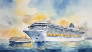 Watercolor painting of cruise ships at sea