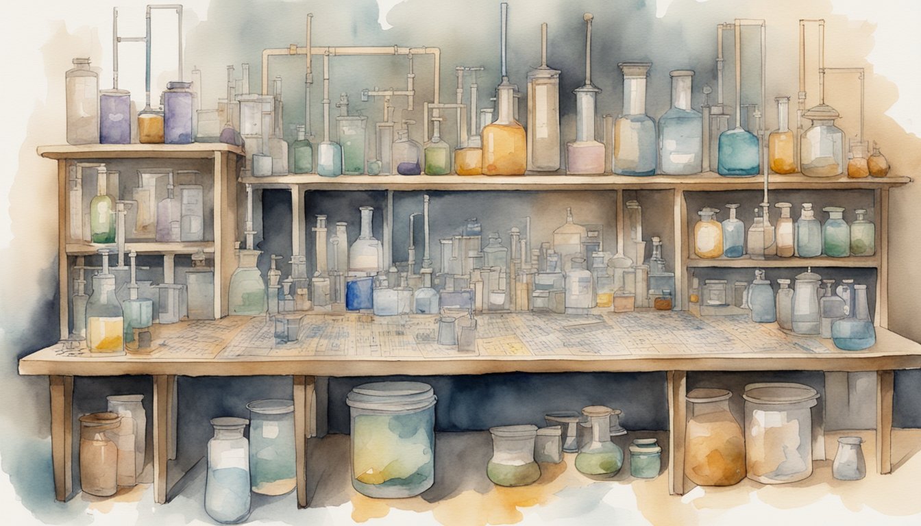 Watercolor illustration of a vintage chemistry laboratory.