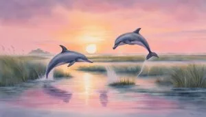 Dolphins leaping at sunset in serene water landscape.