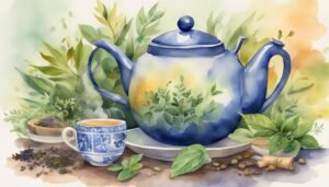 Watercolor of a teapot and cup with fresh herbs.