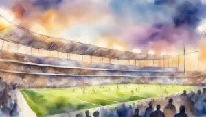 Watercolor of crowded stadium during a soccer match.