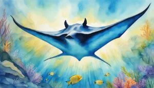 Watercolor painting of manta ray swimming in vibrant ocean.