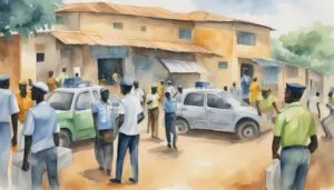 Busy street scene with people and vehicles.