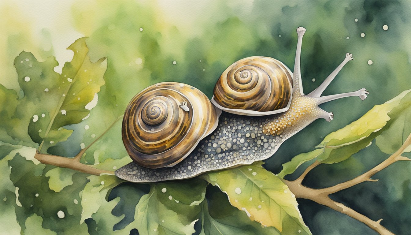 Two snails on leaf, watercolor nature illustration.