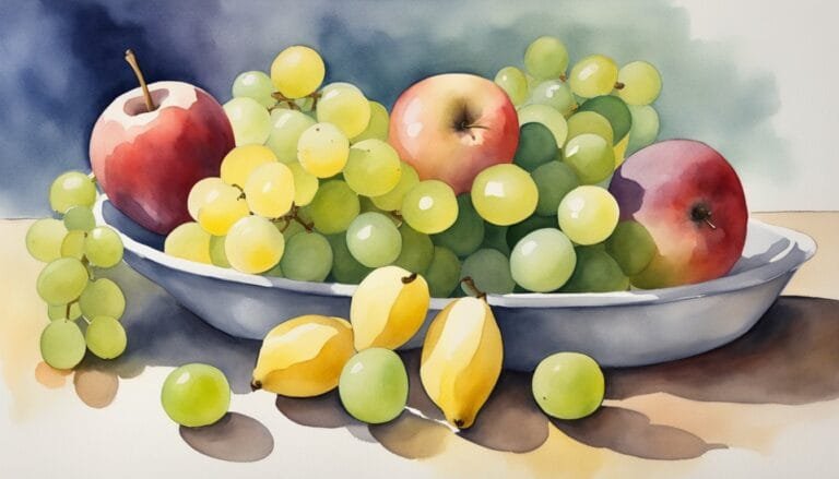 Watercolor painting of fruit arrangement with apples and grapes.