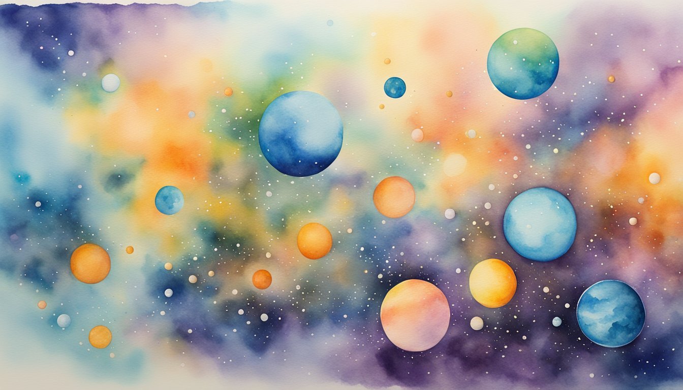 Colorful watercolor painting of floating celestial spheres.