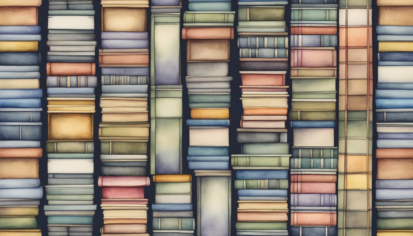 Watercolor painting of colorful stacked books.