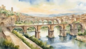 Watercolor painting of a historic stone bridge over river.