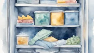 Watercolor illustration of an organized refrigerator interior.