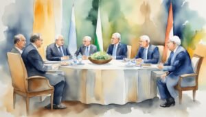 International leaders in diplomatic meeting, watercolor illustration.