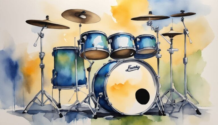 Watercolor illustration of a blue drum set.