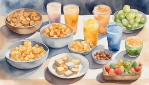 Watercolor of diverse fruit drinks and snacks on table.