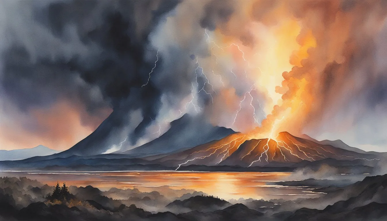 Volcanic eruption with lightning over lake at sunset.