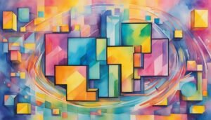 Colorful abstract geometric watercolor cityscape painting.