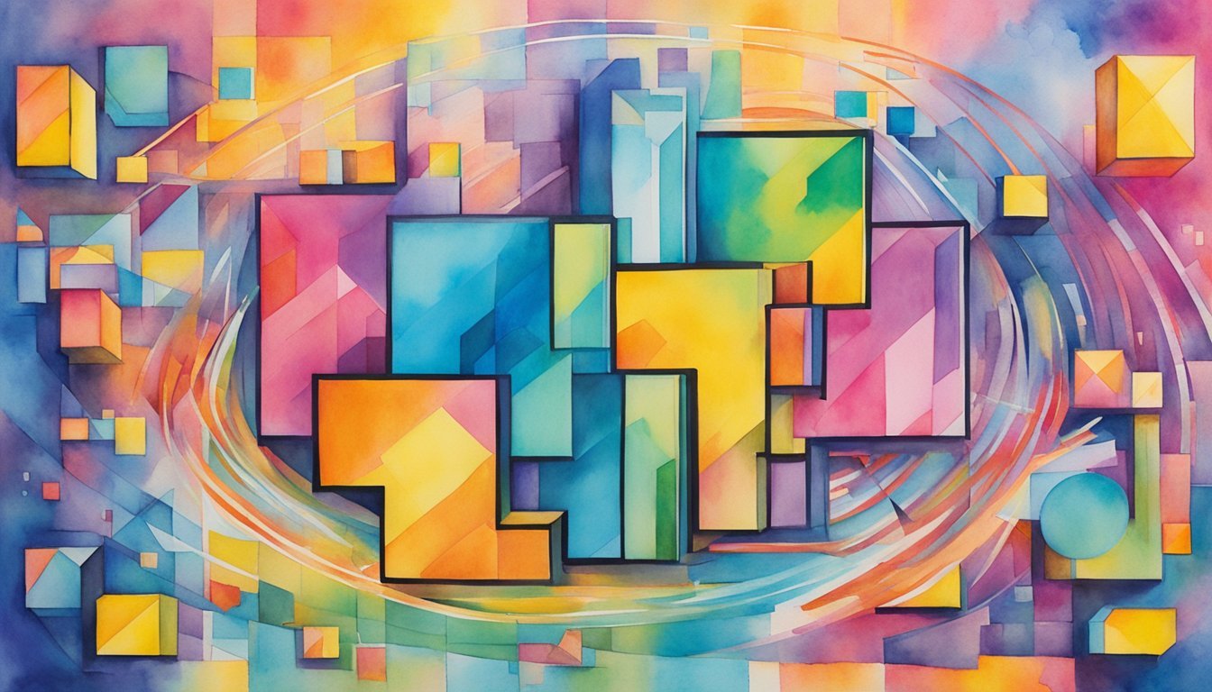 Colorful abstract geometric watercolor cityscape painting.