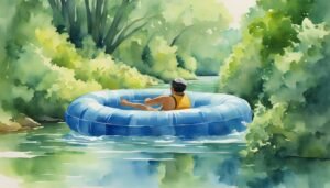 Man relaxing on blue float in green scenic river.