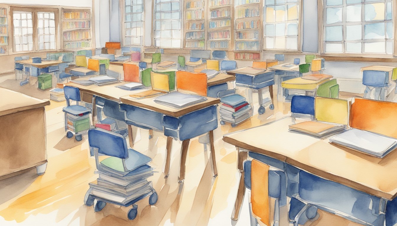 Watercolor illustration of a sunny classroom with colorful chairs.