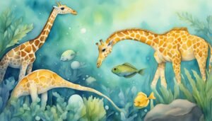 Giraffes and fish in a whimsical underwater forest scene.