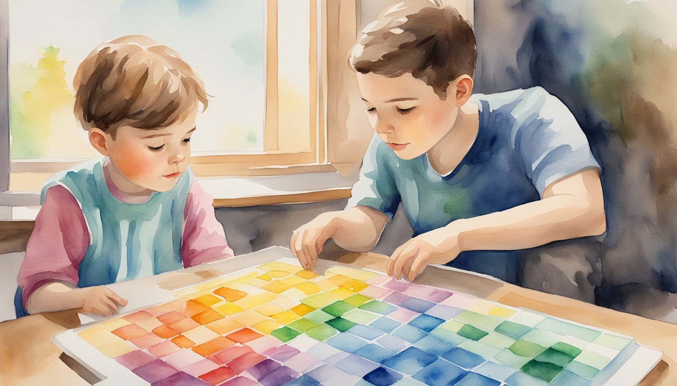 Two boys engaged in colorful board game indoors.