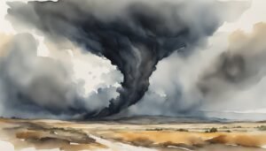 Watercolor painting of a dramatic tornado over plains.