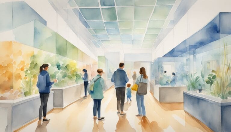 People viewing exhibits in brightly lit watercolor museum hall.