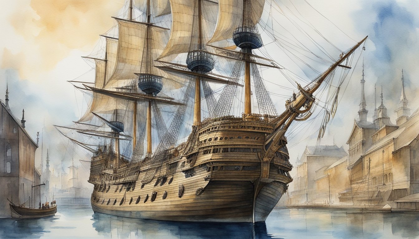 Historic sailing ship docked in misty harbor, watercolor illustration.