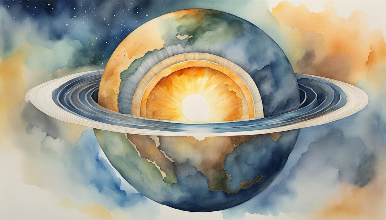 Watercolor painting of celestial eye with planetary rings.